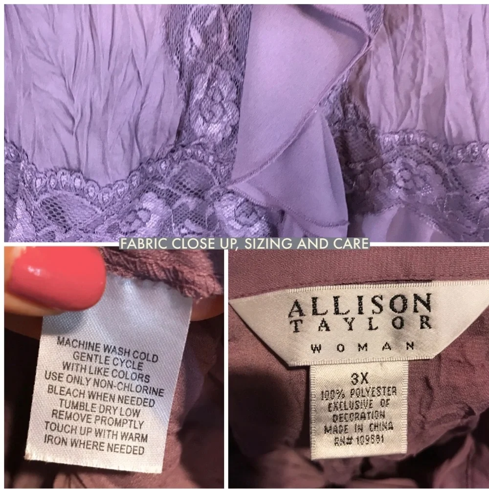 ALLISON TAYLOR PURPLE LACE AND RUFFLE CREPE SLEEVELESS BLOUSE (3X) - Picture 9 of 11